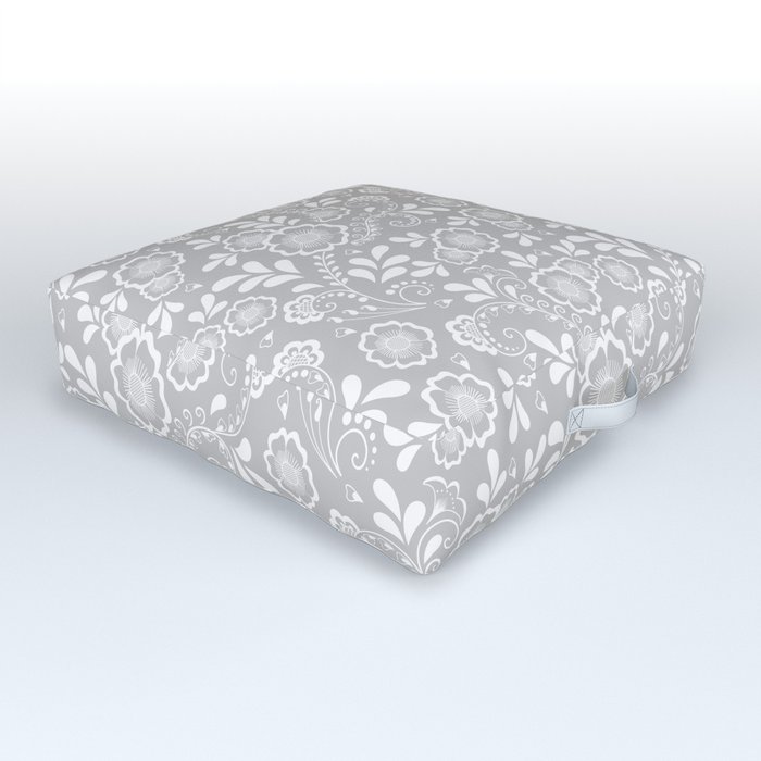 Light Grey And White Eastern Floral Pattern Outdoor Floor Cushion