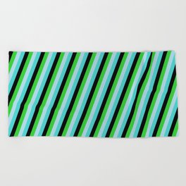 [ Thumbnail: Turquoise, Black, Lime Green, and Light Blue Colored Lines/Stripes Pattern Beach Towel ]