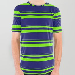 [ Thumbnail: Green & Midnight Blue Colored Stripes Pattern All Over Graphic Tee ]