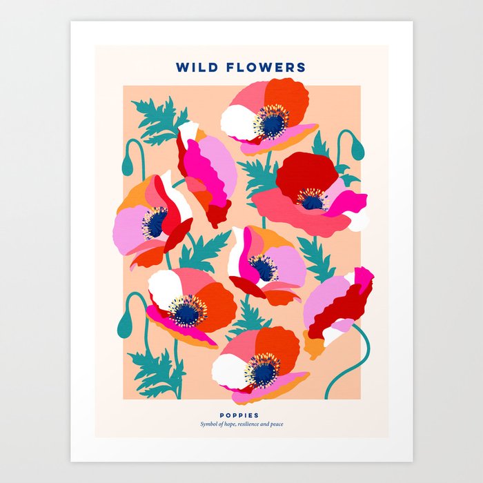 Wild Flowers Poppies Poster 1. Peach Fuzz Art Print