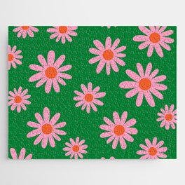 70s Hand Drawn Flower Power DaisiesFlorals in Green, Pink & Orange Jigsaw Puzzle