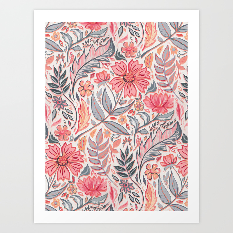 Melon Pink And Grey Art Nouveau Floral Art Print By Micklyn Society6