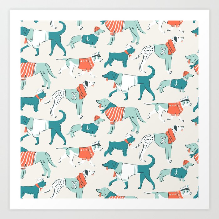 Nautical Dogs Pattern Art Print