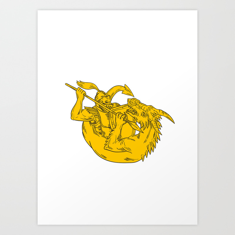 Knight Fighting Dragon Spear Drawing Art Print By Patrimonio