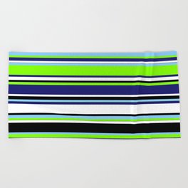 [ Thumbnail: Colorful Light Sky Blue, Chartreuse, Midnight Blue, White & Black Colored Striped/Lined Pattern Beach Towel ]