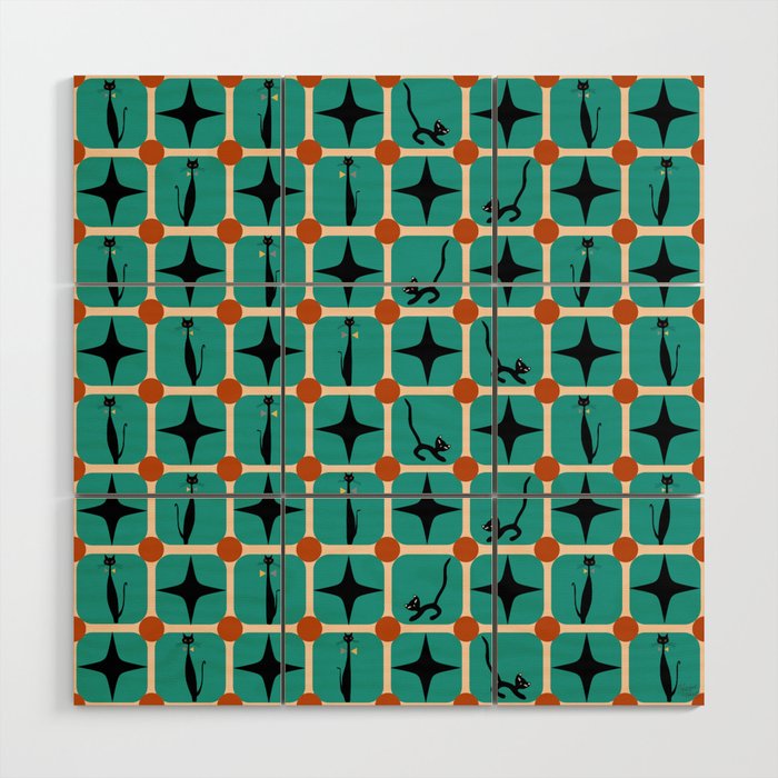 Mid-Century Modern Checkered Tiles Cats and Starburst Wood Wall Art