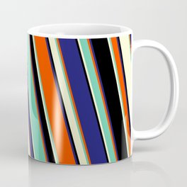 [ Thumbnail: Red, Aquamarine, Light Yellow, Black & Midnight Blue Colored Lines/Stripes Pattern Coffee Mug ]