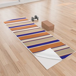 [ Thumbnail: Tan, Beige, Chocolate & Dark Blue Colored Lines Pattern Yoga Towel ]
