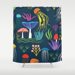Magical Mushrooms underwater with jellyfish Shower Curtain