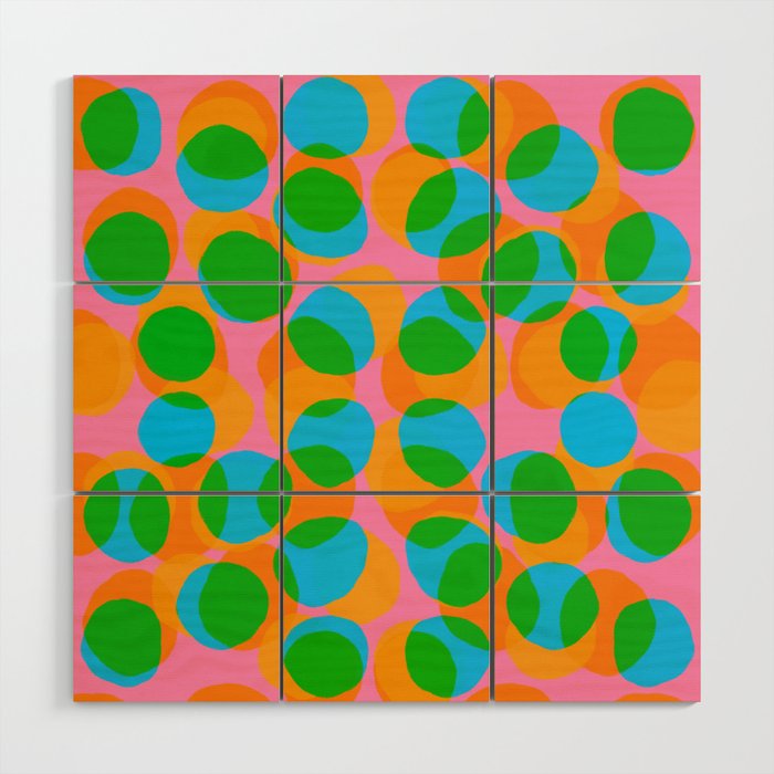 Mid-Century Modern Abstract Bubbles Pink Green Blue And Orange Maximalist Scandi 70’s Geometric Dots Wood Wall Art