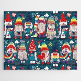 I gnome you // dark teal background little happy and lovely gnomes with rainbows vivid red hearts Jigsaw Puzzle