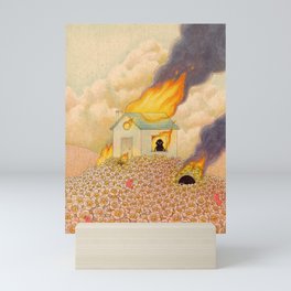 Mania Mini Art Print | Smoke, Drawing, House, Burning, Curated, Ink Pen, Home, Flowers, Clouds, Fire 