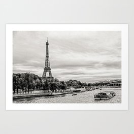 Eiffel Tower and boats on Seine river in Paris, France Art Print