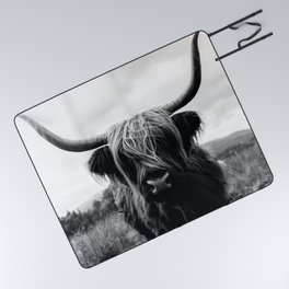Scottish Highland Cattle Black and White Animal Picnic Blanket