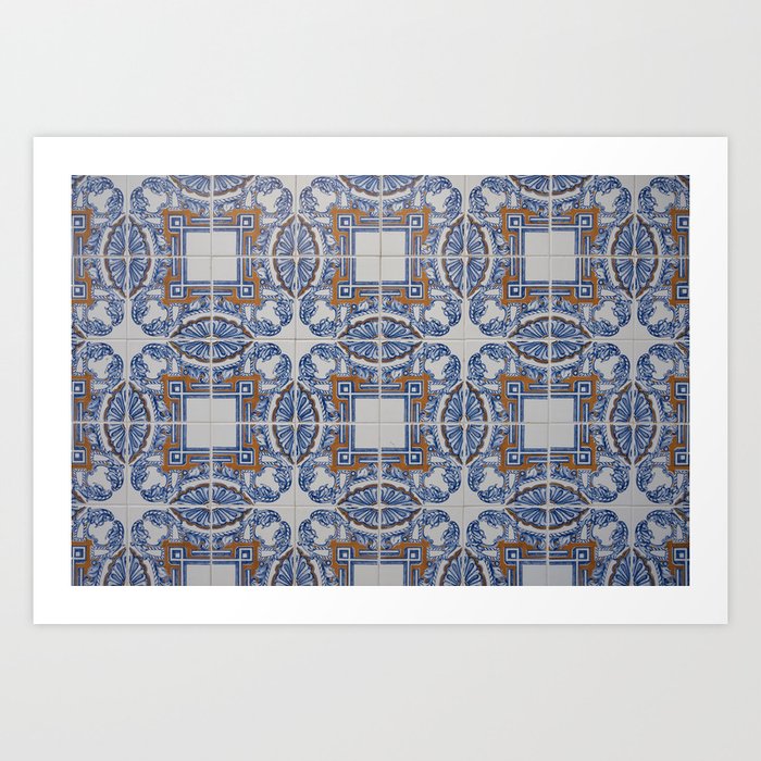 Retro vintage azulejos tiles in Lisbon Portugal - blue pattern street and travel photography Art Print