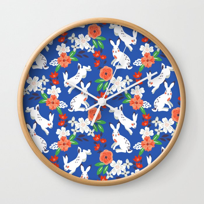 Blue White Spring Bunny Floral Garden Wall Clock
