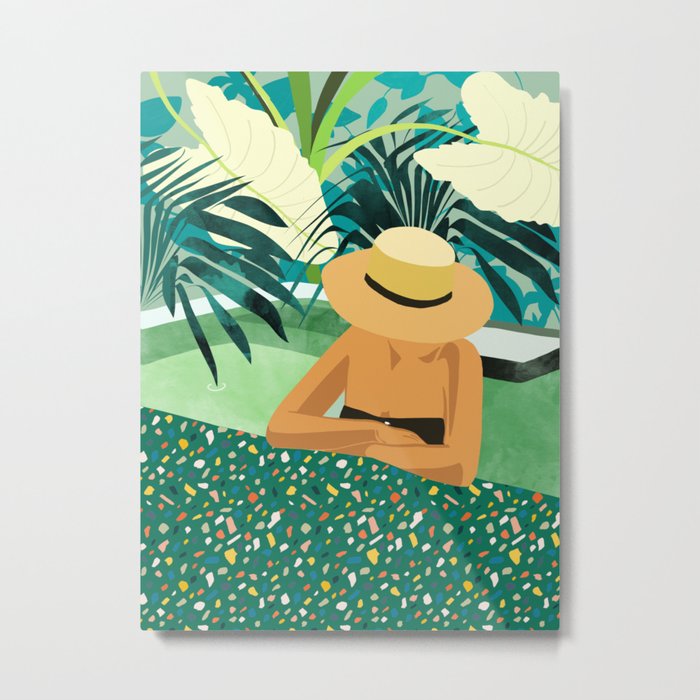 Chill, Modern Bohemian Black Woman Travel Illustration | Terrazzo Tropical Swimming Pool Fashion Metal Print