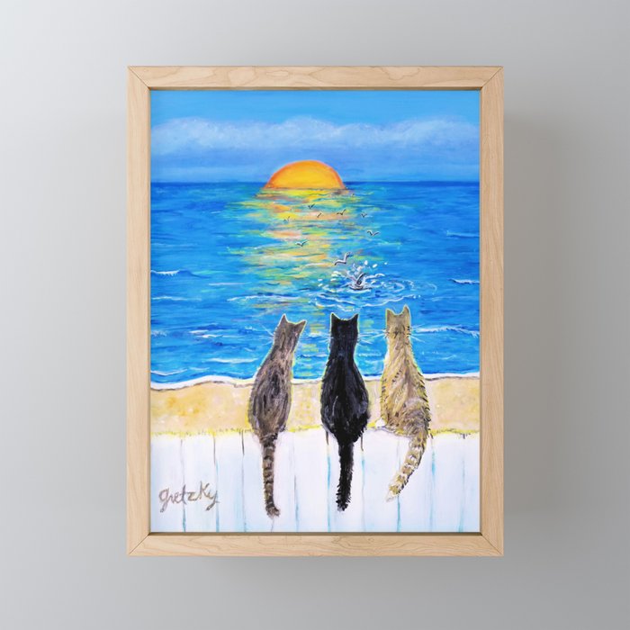 Cat Beach Sunset 2 Framed Mini Art Print