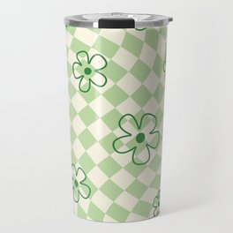 Green Checker Swirl With Flowers Travel Mug