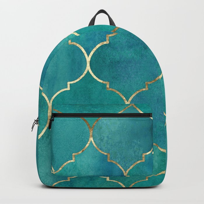 Turquoise Teal Golden Moroccan Quatrefoil Pattern II Backpack