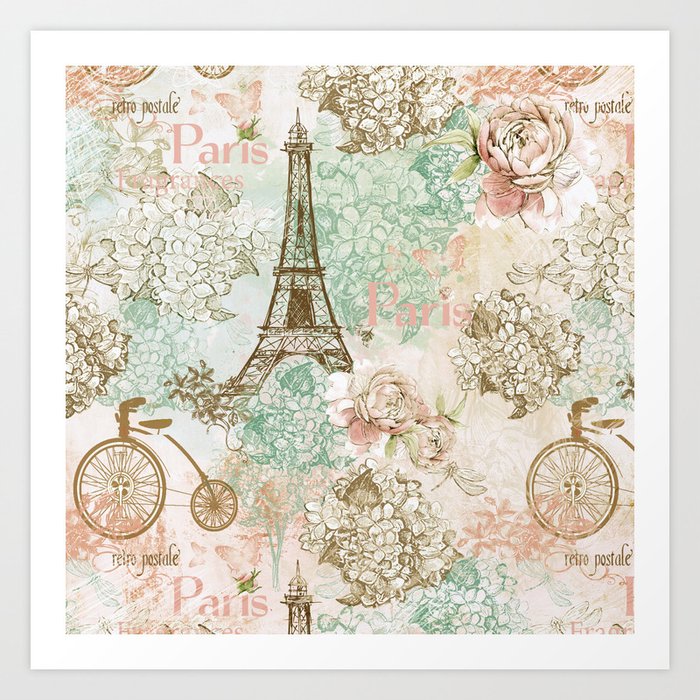 I Love Paris Vintage Shabby Chic Eiffeltower France Flowers Floral Art Print By Betterhome