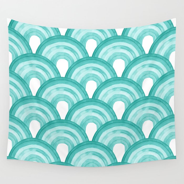 Watercolor rainbows - scale repeat pattern in turquoise Wall Tapestry