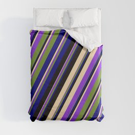 [ Thumbnail: Colorful Black, Beige, Purple, Green, and Blue Colored Pattern of Stripes Duvet Cover ]
