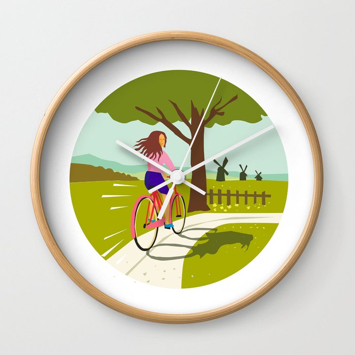 Girl Riding Bicycle Up Tree Circle Retro Wall Clock