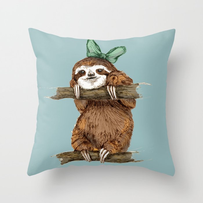 Sloth with Bow Throw Pillow