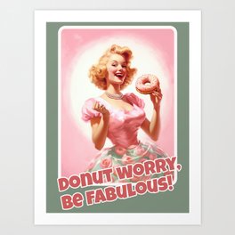 Retro Happy Donut Lady in Pink Art Print