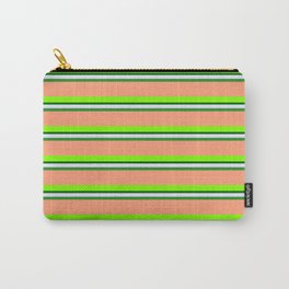 [ Thumbnail: Colorful Lavender, Forest Green, Light Salmon, Chartreuse, and Dark Green Colored Lined Pattern Carry-All Pouch ]
