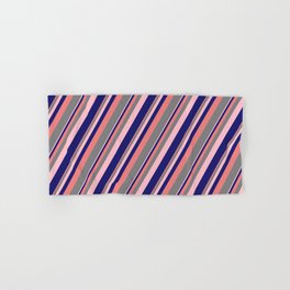 [ Thumbnail: Light Coral, Gray, Pink & Midnight Blue Colored Stripes Pattern Hand & Bath Towel ]