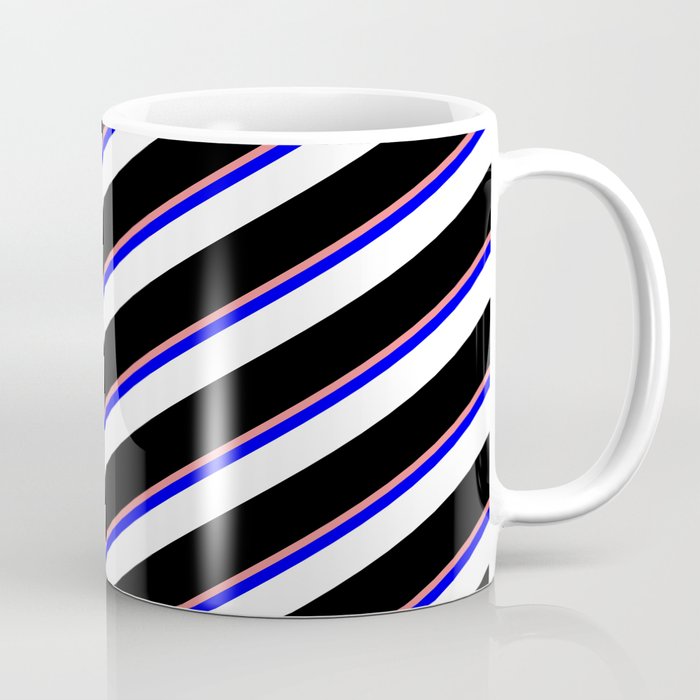 Light Coral, Blue, White & Black Colored Striped Pattern Coffee Mug