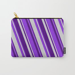 [ Thumbnail: Purple, Light Gray & Indigo Colored Stripes/Lines Pattern Carry-All Pouch ]