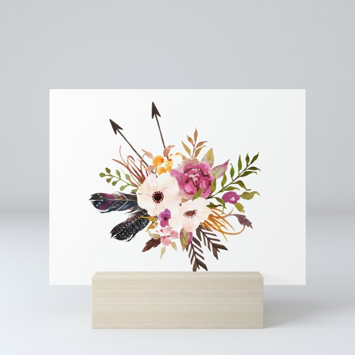 Watercolor Boho Flower Bouquet Mini Art Print