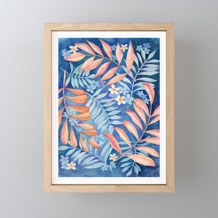 Watercolor Leaves and Flowers - Orange and Indigo Framed Mini Art Print