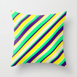 [ Thumbnail: Indigo, Yellow, Beige & Green Colored Pattern of Stripes Throw Pillow ]