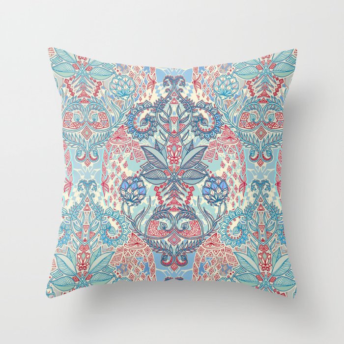 Botanical Geometry - nature pattern in red, blue & cream Throw Pillow