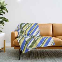 [ Thumbnail: Dark Olive Green, Tan, Royal Blue, and White Colored Stripes Pattern Throw Blanket ]