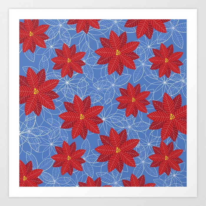 Poetic Poinsettias Art Print | Graphic-design, Holiday, Pattern, Christmas, Poinsettia, Floral, Red