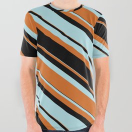 [ Thumbnail: Powder Blue, Chocolate & Black Colored Lined Pattern All Over Graphic Tee ]