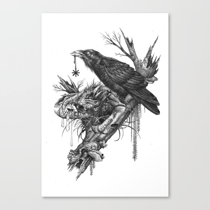 Wolf Skull and Raven. Canvas Print