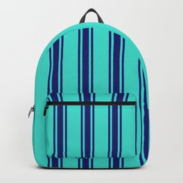 [ Thumbnail: Turquoise & Midnight Blue Colored Pattern of Stripes Backpack ]