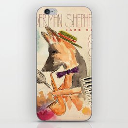 german shepherd dog gsd jazz music poster musician keyboard saxophone art artwork iPhone Skin