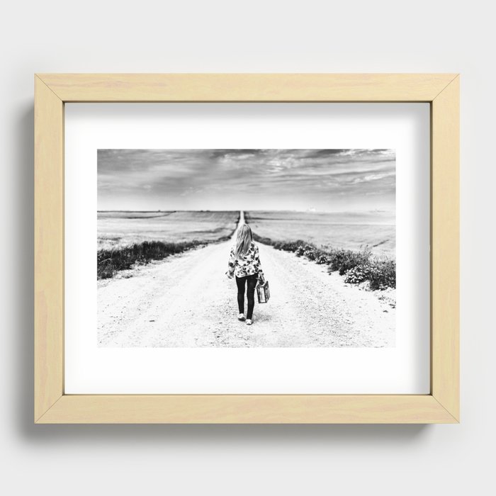 It's a girls world out there; long and winding road inspirational female black and white photograph - photography - photographs Recessed Framed Print