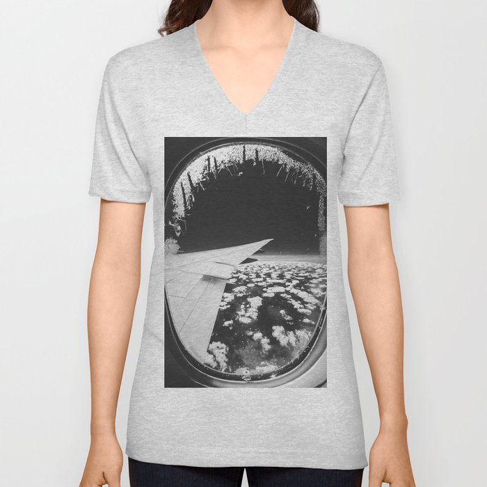 Airplane window and white clouds black and white V Neck T Shirt