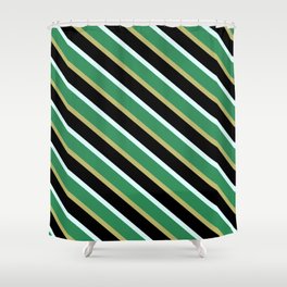 [ Thumbnail: Light Cyan, Sea Green, Dark Khaki & Black Colored Pattern of Stripes Shower Curtain ]