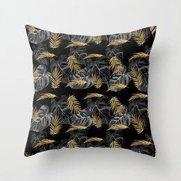 Gold And Grey Leaves On Black Throw Pillow