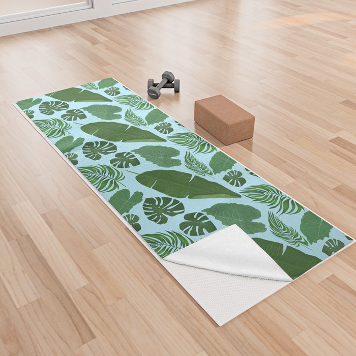 Tropical Leaves Pattern on Light Blue Yoga Towel