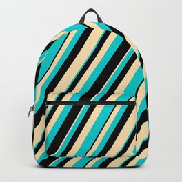 [ Thumbnail: Beige, Dark Turquoise & Black Colored Lines/Stripes Pattern Backpack ]